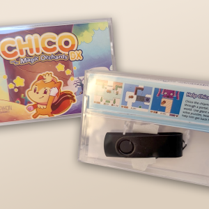 A photo of a cassette jewel case featuring the logo and artwork for Chico and the Magic Orchards DX. On the rear of the cassette case you can see a black USB stick inside