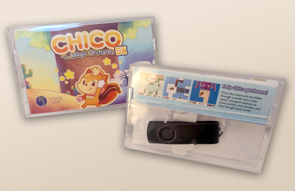 A photo of a cassette jewel case featuring the logo and artwork for Chico and the Magic Orchards DX. On the rear of the cassette case you can see a black USB stick inside