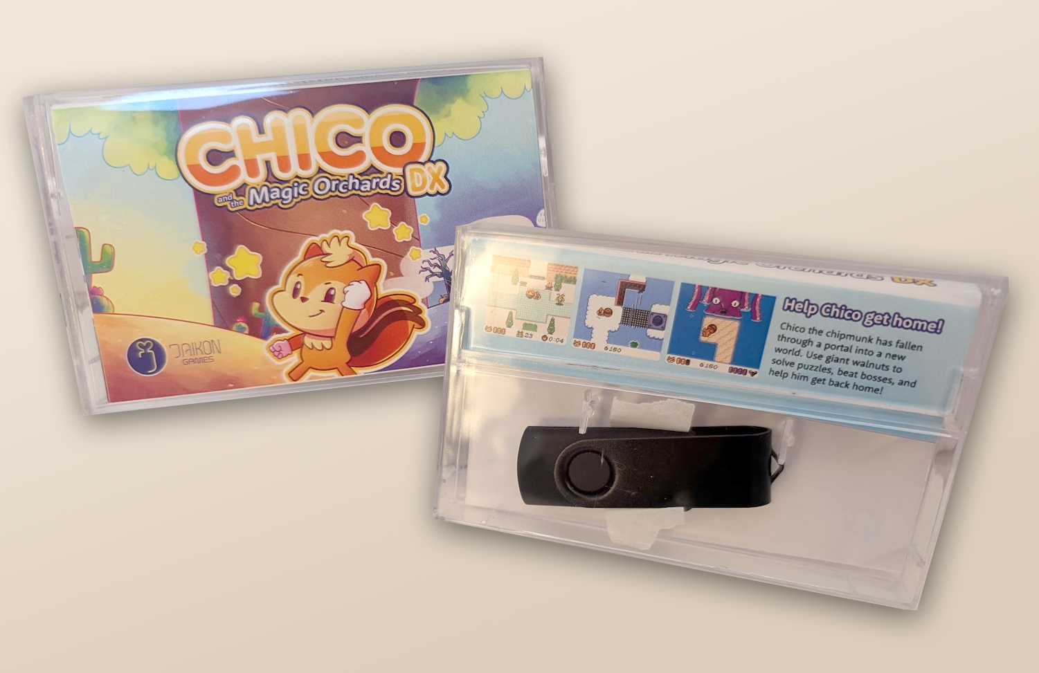 A photo of a cassette jewel case featuring the logo and artwork for Chico and the Magic Orchards DX. On the rear of the cassette case you can see a black USB stick inside